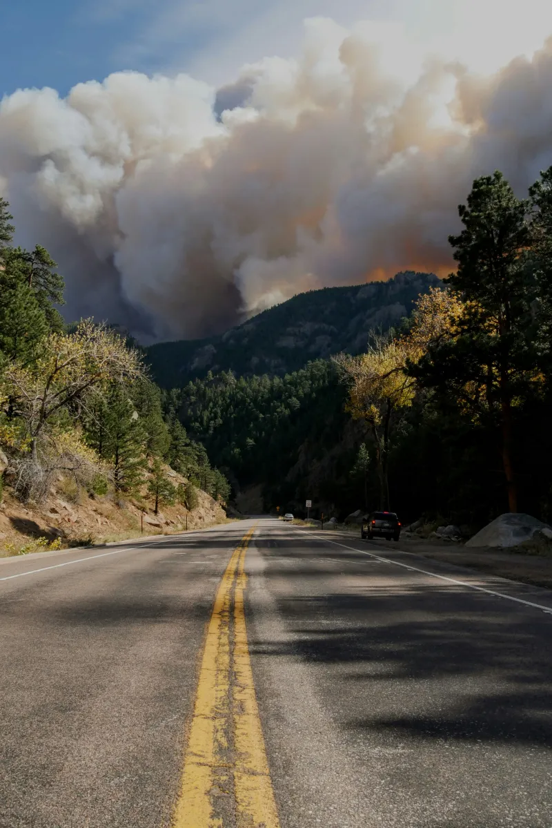 Wildfires near a road