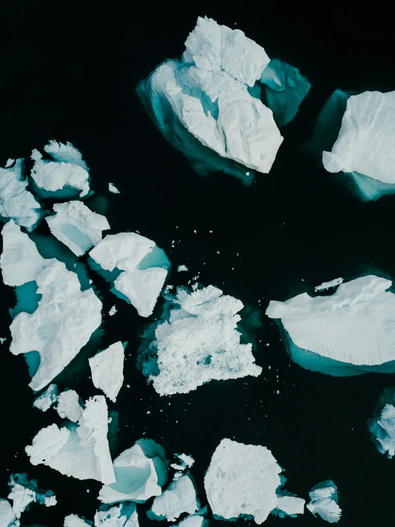 Top view of icebergs breaking apart.