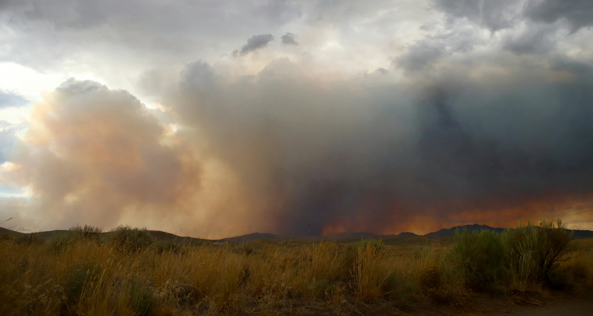 Wildfire in a open field with lots of smoke